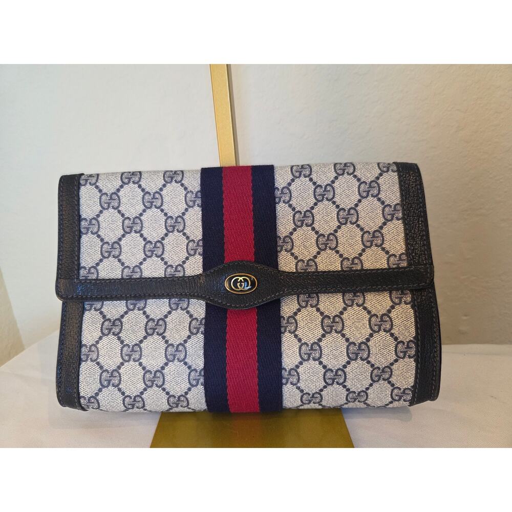 SOLD Gucci GG Supreme Vintage Web Clutch Bag Navy Sherry Line Ophidia